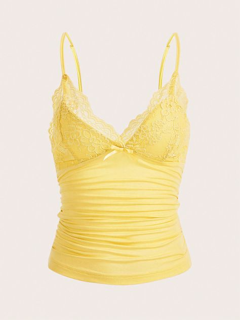 SHEIN ICON Contrast Lace Ruched Cami TopI discovered amazing products on SHEIN.com, come check them out! Yellow Lace Top, Olivia Baker, Yellow Clothes, Neon Outfits, Shein Icon, Yellow Tank Top, Yellow Shirt, Top Shein, Lace Camisole