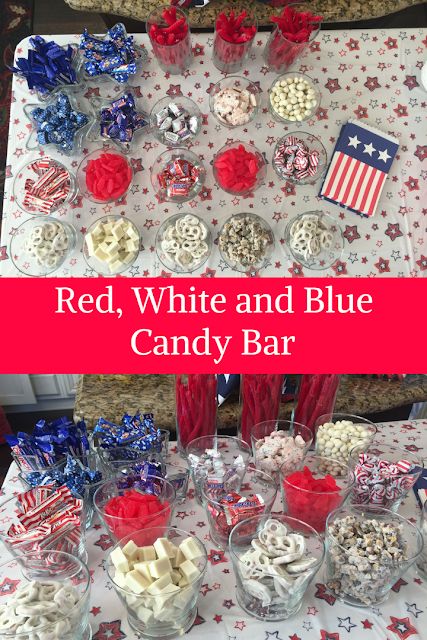 Red, White and Blue Candy Bar #candybar #redwhiteandblue #patrioticfood 4th Of July Candy Bar, Patriotic Snacks Red White Blue, Patriotic Candy Bar, Red White And Blue Candy Bar, Red White And Blue Mock Tails, White And Blue Candy Bar, Red White And Blue Popcorn, Blue Candy Bar, Red White And Blue Candy