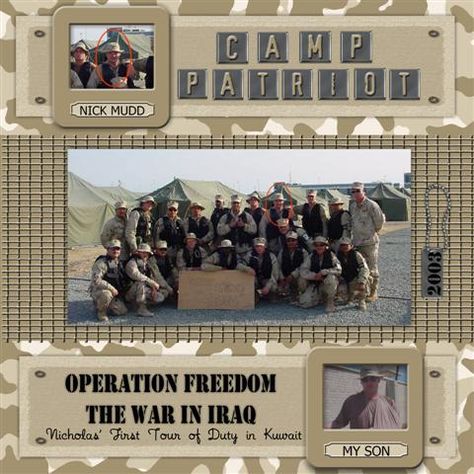 Camp Scrapbook, Military Scrapbook Layouts, Heritage Scrapbooking Layouts, Military Scrapbook, Patriotic Scrapbook, Military Cards, Genealogy Scrapbooking, Heritage Scrapbooking, Recipe Scrapbook