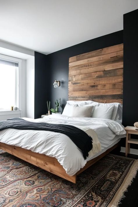 25 Bold Black Accent Wall Bedroom Ideas to Upgrade Your Space - Roomy Retreat Black Wall Accent Bedroom, Black And Wood Accent Wall, Small Bedroom Accent Wall Ideas, Black Feature Wall Bedroom, Small Bedroom Accent Wall, Black Accent Wall Bedroom Ideas, Accent Wall Bedroom Ideas, Black Accent Wall Bedroom, Wall Bedroom Ideas