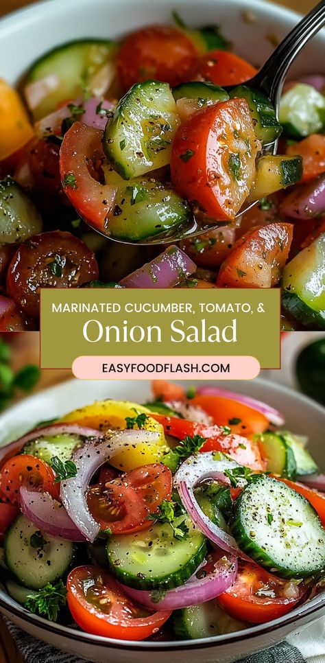 This refreshing and simple marinated cucumber, tomato, and onion salad is the perfect side dish for any meal. The tangy vinegar and olive oil dressing, combined with the sweetness of sugar and the savory flavor of oregano, bring out the best in the fresh vegetables. Marinate it for an hour (or overnight) for the full flavor! Cucumber Onion Tomato Salad Italian Dressing, Onion And Cucumber Salad Vinegar, Marinated Tomatoes And Cucumbers, Tomato Cucumber And Onion Salad Vinegar, Cucumbers And Onions In Vinegar, Tomato Cucumber And Onion Salad, Cucumber Tomato And Onion Salad, Cucumber Tomato Onion Salad, Marinated Vegetable Salad