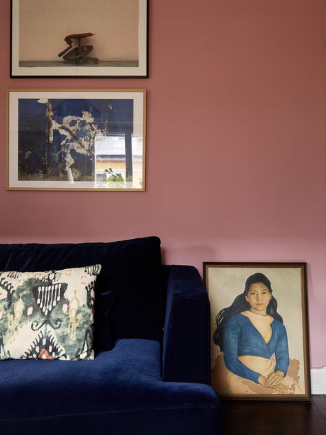 Blue Sofa Pink Wall, Pink And Blue Apartment, Mauve Living Room, Blue And Pink Living Room, Blue Apartment, Blue Couch Living, Moody Office, Pink Painted Walls, Pink Accent Walls