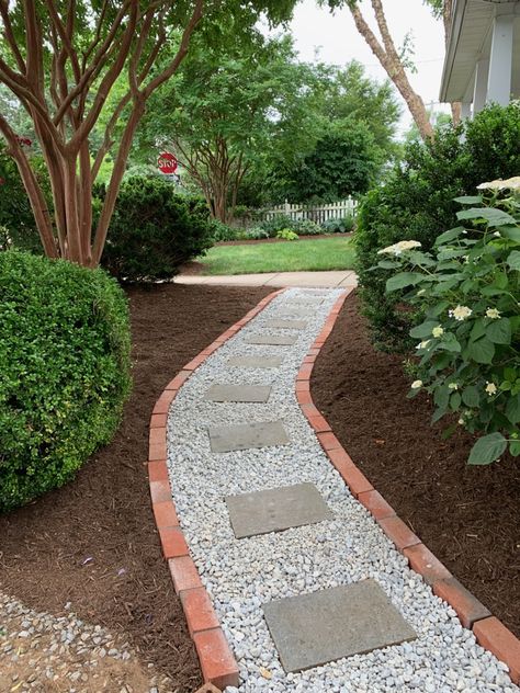 Brick Lined Walkway, Backyard Walkway Ideas Pathways, Brick Pathway Ideas, Paver Walkway Ideas, Backyard Pathway, Backyard Walkway, Walkway Landscaping, Side Yard Landscaping, Rock Garden Design