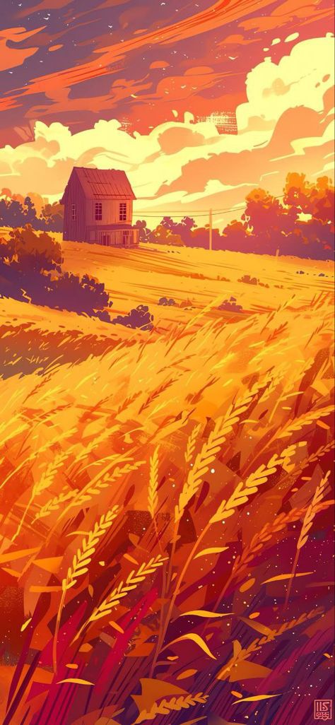 Farm Field Illustration, Wheat Field Drawing, Wheat Field Aesthetic, Sunset Reference, Wheat Field Sunset, Farmhouse Background, Golden Wheat Field, Fantasy Farm, Field Illustration