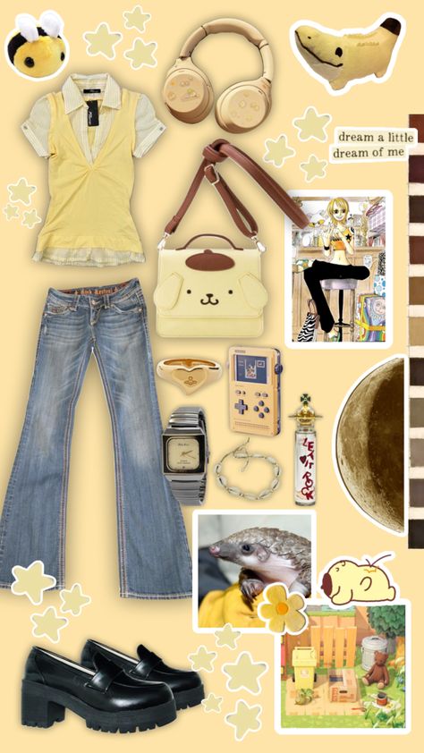 Outfit Ideas Moodboard, Pompompurin Inspired Outfit, Cute Kpop Concert Outfits, Sanrio Inspired Outfit, Juminocore Outfit, Pompompurin Outfit, Yellow And Pink Outfit, Cute Cottagecore Outfits, Lemonade Outfit