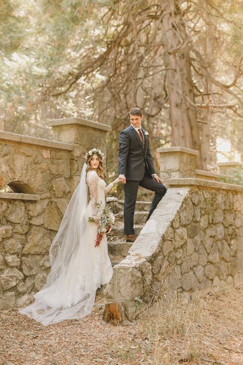 Fairytale wedding in the forest in Lake Arrowhead, California. Bride and groom walking up stone steps of castle ruin in the forest.   #castle #forestwedding #woodsywedding #lakearrowhead Castle Engagement Photoshoot, Runaway Couple, Engaged Photoshoot, Castle Wedding Dress, Forest Castle, Wedding In The Forest, Lake Arrowhead California, Wedding Scotland, Fairytale Wedding Theme