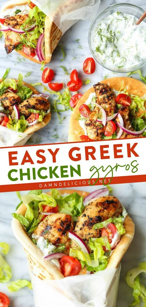 GREEK CHICKEN GYROS, chicken recipes, yummy dinner ideas Greek Chicken Gyros, Easy Greek Chicken, Beverages Recipes, Chicken Gyro Recipe, Mediterranean Foods, Greek Gyros, Gyro Recipe, Homemade Tzatziki Sauce, Chicken Grilled