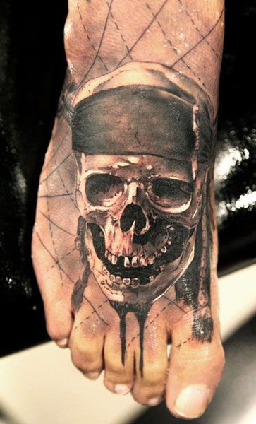 Pirates of the Caribbean skull (b/g) by Miguel Bohigues Pirates Of The Caribbean Tattoo, Pirate Sleeve, Bandana Tattoo, Pirate Skull Tattoos, Tattoo Foot, Мотоциклы Harley Davidson, Pirate Tattoo, Movie Tattoo, Wicked Tattoos