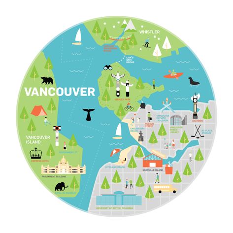 Illustrated Maps of Canadian Tourist Attractions on Behance Vancouver Map, Gastown Vancouver, Illustrated Maps, Granville Island, National Symbols, Illustrated Map, Vancouver Canada, Map Design, Vancouver Island