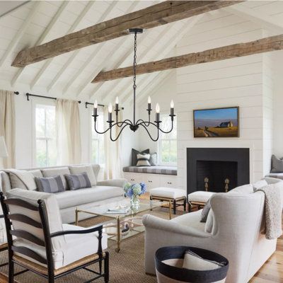 Wrought Iron Candle Chandelier, Living Room Addition, Vaulted Ceiling Living Room, Shiplap Ceiling, Modern Farmhouse Living, Modern Farmhouse Living Room, Room Additions, Farmhouse Decor Living Room, Ceiling Beams