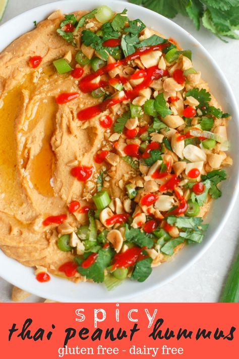 This easy recipe for Thai Peanut Hummus is a delicious take on the classic creamy snack but with a Thai twist. Peanut butter adds a smooth, rich taste while classic ingredients like tahini, chickpeas, and garlic take this homemade hummus to the next level ! Completely gluten free and dairy free. #food #recipe #hummus #chickpeas #healthy #tahini Thai Peanut Hummus, Tahini Chickpeas, Peanut Hummus, Tahini Butter, Gluten Free Hummus, Erin Lives Whole, Easy Hummus Recipe, Sweet Potato Hummus, Hummus Recipe Homemade