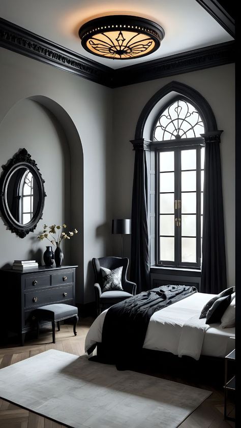 Gothic Contemporary Interior, Gray Gothic Bedroom, Gothic Architecture Bedroom, Minimal Goth Decor, Modern Goth Bedroom, Clean Shower Tiles, Neo Gothic Interior Design, Gothic Bedroom Aesthetic, Folding Blankets