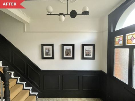 Black Interior Doors With Wainscoting, White Wall Black Panelling, Black Wainscoting Staircase, Black Wainscoting Kitchen, Black Wainscoting Ideas, Black Wainscoting Hallway, Black Wainscoting Dining Room, Wainscoting Black, Trim Remodel