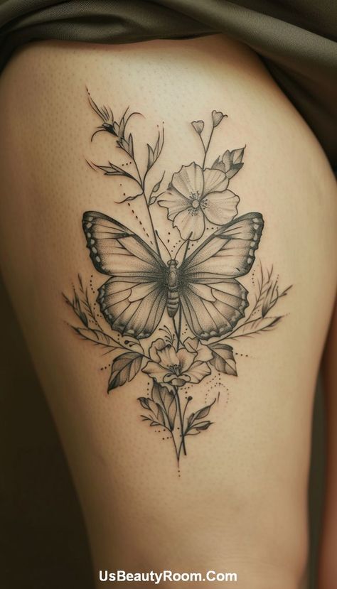 A butterfly surrounded by floral elements, this tattoo merges nature’s beauty with the symbolism of change and growth. Small Thigh Tattoo, Tattoos Trendy, Trendy Tattoo Ideas, Thigh Tattoo Ideas, Small Thigh Tattoos, Thigh Piece Tattoos, Music Tattoo Sleeves, Chic Tattoo, Tattoos For Girls