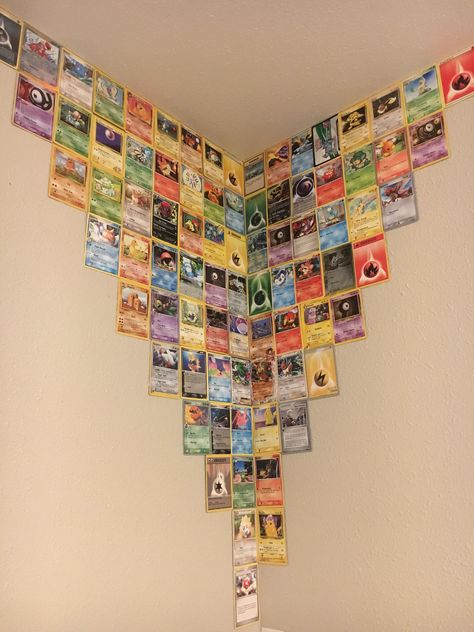 Pokemon Card Wall Decor, Cards On Wall Decoration, Pokemon Card Decorations, Diy Pokemon Decor Bedroom, Pokemon Card Decor, Pokemon Card Wall Display, Pokemon Interior, Pokemon Home Decor, Pokemon Room Ideas