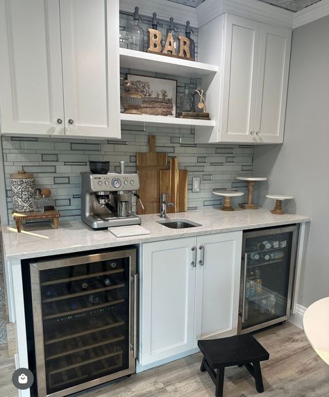 Wet Bar Decor Ideas, White Basement Bar, Basement Wet Bar With Full Size Fridge, Bar Under Stairs, Coffee Nooks, Cottage Family Room, Cottage Family, Basement Wet Bar, Finish Basement