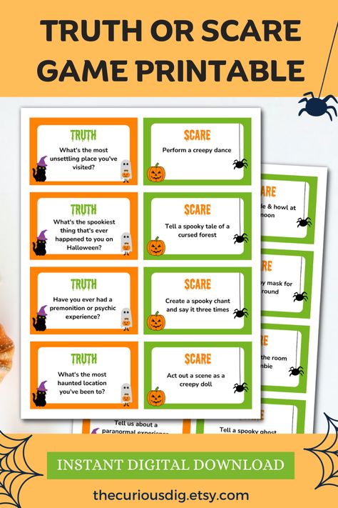 Halloween Truth Or Scare Game Printable Halloween Truth Or Dare, Scary Halloween Party Games, Family Games Night, Sleepover Party Games, Spooky Games, Truth Or Dare Questions, Games Night, Dare Questions, Truth Or Dare