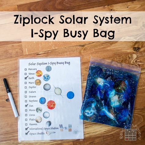 Ziplock Solar System I-Spy Busy Bag Astronomy Activity, Solar System Unit, Solar System Activities, Space Activities For Kids, Space Preschool, Space Unit, Outer Space Theme, Space Activities, Preschool Science