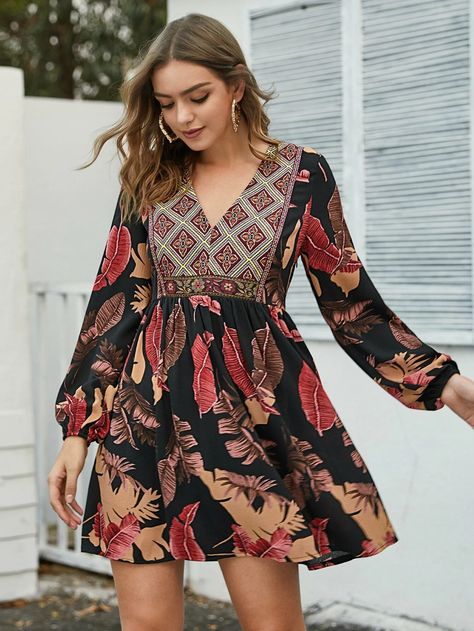 Tropical & Tribal Print Smock Dress | SHEIN USA Old Dress, Table Vanity, Trendy Dresses Summer, Makeup Table, Trendy Dress, Feather Pattern, Half Sleeve Dresses, Engagement Shoot, Smock Dress