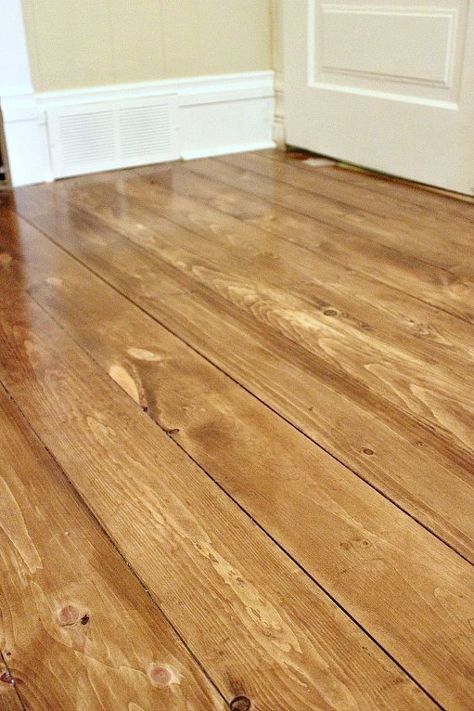 Installing Beautiful Wood Floors Using Basic Unfinished Lumber | Hometalk Penny Floors, Plywood Floors, Plywood Flooring, Floor Ideas, Flooring Projects, Pine Floors, Diy Flooring, Flooring Ideas, Wooden Floor