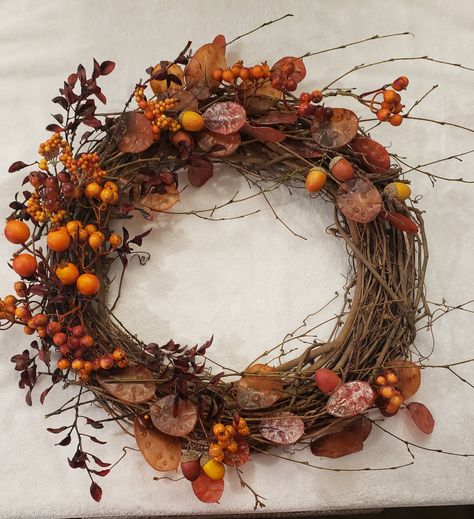 Gorgeous Handmade Wreath At 20 inches in diameter (foliage and accents can extend up to 3 inches more on top and bottom). Perfect for the wall, mantelpiece, outdoor patio, bedroom, bathroom and of course 1st choice for front door.  Easily to hang on almost any hook or wreath hanger. Weighs less than 3 pounds.  Taking personal preference into consideration, there is no "hook" affixed to the back of the wreath for hanging. This wreath is asymmetrical and can be hung many ways.  For hanging, you ca Rustic Fall Wreath, Fall Garland Front Door, Autumn Wreaths For Front Door Diy, Diy Rustic Wreath, Grapevine Fall Wreath, Autumnal Wreath, Fall Ribbon Wreath, Natural Wreaths, Fall Hydrangea Wreath