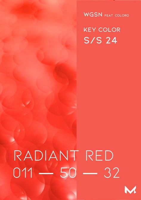 Fashion color trend by WGSN and COLORO S/S 24. RADIANT RED 011 — 50 — 32 Radiant Red is a transeasonal bright, suitable for a range of fashion categories. Brands can utilise it’s invigorating quality for energising self-care and wellness-led beauty, personal tech, homewares and packaging,COLORO colors,fashion trend forecast S24, trend colors S/S 24, colour trend 2024, summer colours 24 Radiant Red Pantone, Radiant Red Color, Radiant Red Fashion, Wgsn Trend Forecast 2023, Fashion Trends 23/24, Ss24 Colour Trend, Colour Trends Aw23/24, Summer 24 Fashion Trends, Ss24 Fashion Trends Wgsn