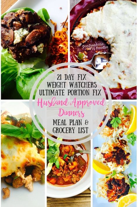 I've compiled a meal plan (with printable grocery list) that includes five husband approved dinners.  These are some of his favorites!  Shepherd's pie, lazy zucchini lasagna, beanless beef chili, crab cakes, and blue cheese burgers made the cut this week! Husband Approved Dinners, Ultimate Portion Fix Meal Plan, Portion Fix Meal Plan, Fixate Meals, Weight Watchers Meal Plan, Chili Crab, Blue Cheese Burgers, Cheese Burgers, 21 Day Fix Diet