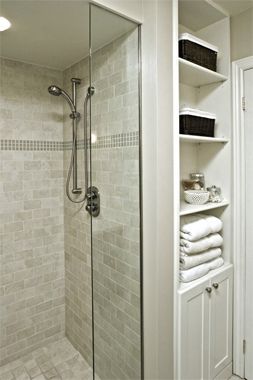 Bathroom storage/shower Makeover Kamar Mandi, Bathroom Storage Solutions, Bad Inspiration, Bathroom Light, Bathroom Remodel Shower, Subway Tiles, Versace Home, Basement Bathroom, Trendy Bathroom