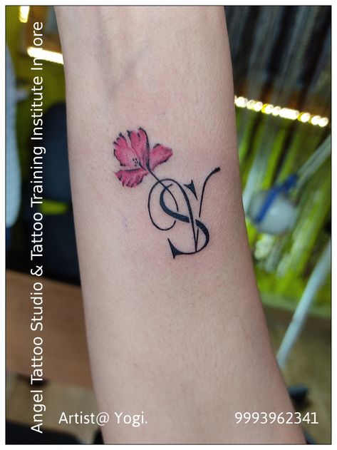 Initials S and V with colour flower tattoo design by Angel Tattoo Studio indore S A Tattoo Letter Design, S And V Tattoo, S Tatoos Letter Design, S V Tattoo, Vs Initial Logo, V Letter Tattoo Designs For Women, S V Letter Design, Sv Letter Tattoo, Vs Tattoo Designs