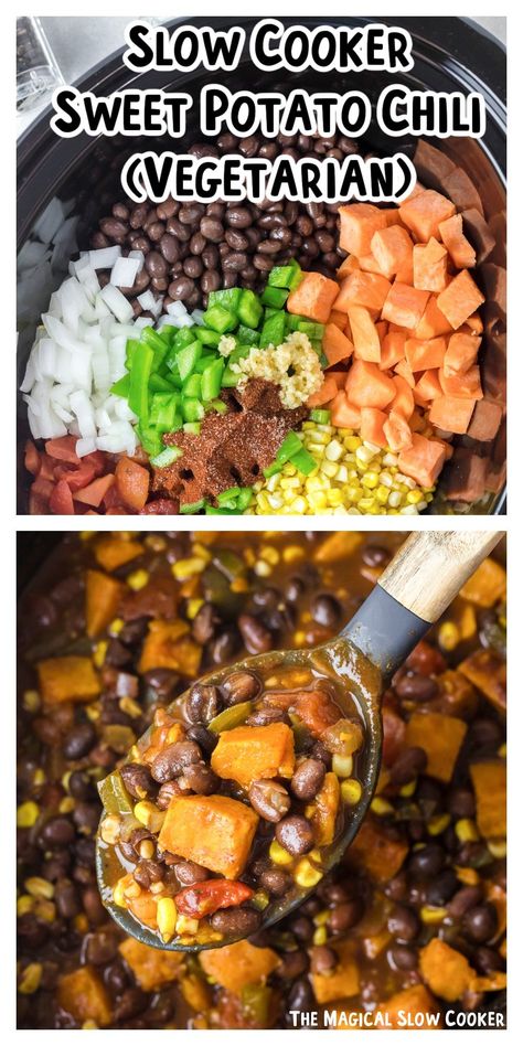 Slow Cooker Vegetarian Sweet Potato Chili Sweet Potato Chili Crockpot, Vegan Chili Crockpot, Sweet Potato Chili Vegetarian, Sweet Potato Chili Recipe, Spicy Chili Recipe, Slow Cooker Vegetarian Chili, Vegetable Chili, Vegetarian Slow Cooker Recipes, Slow Cooker Sweet Potatoes