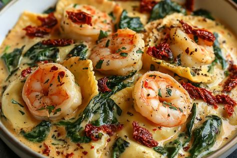 Shrimp Tuscan Pasta Recipes, Shrimp Spinach Sundried Tomato Pasta, Tuscan Shrimp And Spinach, Creamy Tuscan Shrimp, Shrimp And Cheese Ravioli, Tuscan Chicken And Shrimp Pasta, Ravioli With Shrimp, Shrimp And Cheese Tortellini Recipes, Pasta Recipes Ravioli