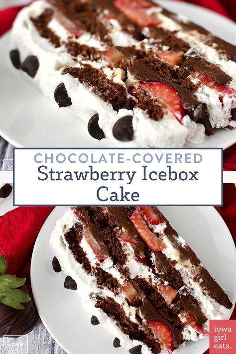 Chocolate-Covered Strawberry Icebox Cake is for serious chocolate lovers only! This gluten-free, dairy-free dessert recipe is decadent, sweet, and packed with chocolate. Gluten Free Ice Box Cake, Gluten Free Ice Cream Cake, Gluten Free Ice Cream Sandwich, Strawberry Icebox Cake Recipe, Ice Box Cake, Strawberry Icebox Cake, Icebox Desserts, Dairy Free Recipes Dessert, Appetizer Party