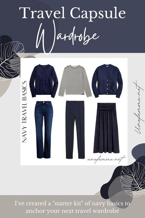 Basics in navy for your travel capsule wardrobe. How to create a functional, comfortable and cohesive travel wardrobe with navy. Travel Capsule Wardrobe Fall, Basic Outfits Minimalist, Navy Capsule Wardrobe, Minimalist Travel Wardrobe, Essential Clothing Pieces, Navy Blue Outfit, Comfortable Travel Outfit, Minimalist Wardrobe Capsule, How To Simplify