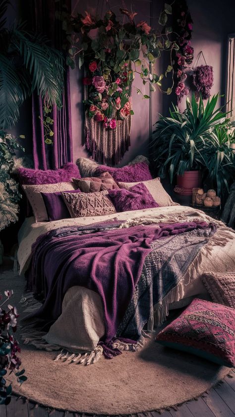 A boho-inspired bedroom with purple accents, layered throws, textured pillows, macramé wall hangings, and potted plants. White walls and a purple area rug complete the eclectic and cozy vibe. Purple Green Gold Bedroom, Purple Bedroom With Plants, Purple Whimsigoth Bedroom, Whismgothic Bedroom, Bedroom Themes Color Schemes, Purple Green Room, Bedroom With Purple Accents, Goth Boho Bedroom, Purple Room Ideas For Adults