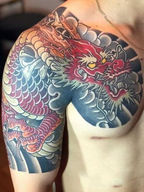 Japanese Shoulder Tattoo Dragon Tattoo Shoulder, Tato Phoenix, Dragon Tattoo Chest, Tato Flash, Dragon Tattoos For Men, Cool Shoulder Tattoos, Dragon Tattoo Art, Dragon Sleeve Tattoos, Japanese Dragon Tattoos