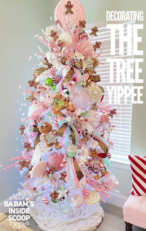 Gingerbread Christmas Tree Pink, Sweet Theme Christmas Tree, Pastel Gingerbread Christmas Tree, Pink Candy Land Christmas Tree, Pink And Red Gingerbread Christmas Tree, Gingerbread Candy Christmas Tree, Pink Candy Christmas Decorations, Pink Gingerbread Party, Pink Candy Cane Christmas Tree