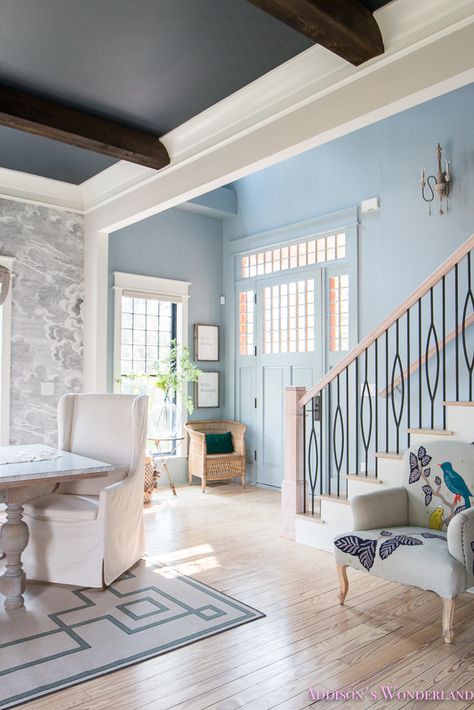 Blue Foyer, Modern Grey Living Room, Blue Grey Walls, Room Products, Stair Balusters, Stairs In Living Room, Chic Dining Room, Light Blue Walls, Sandberg Wallpaper