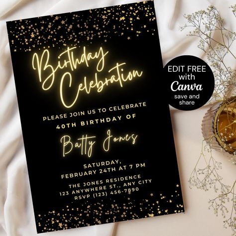 Suprise Party Invitations Template, Blank Invitation Template Black And Gold, Black And Gold Birthday Invite Template, Black And Gold New Years Party Invite, 21st Birthday Evite, Surprise Birthday Party, 40th Birthday Invitations, Birthday Party Invite, Birthday Surprise Party