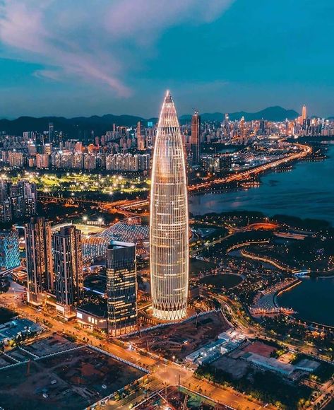 Fantastic Architectures on Instagram: “Spring Bamboo - in #Shenzhen, #China, captured in this amazing snap taken by @abeastinside!  Completed last year, the building's tapered…” City Parks Design, Shanghai Aesthetic, Shanghai Night, Shenzhen City, China Architecture, Building Aesthetic, Skyscraper Architecture, Tower Building, Parking Design