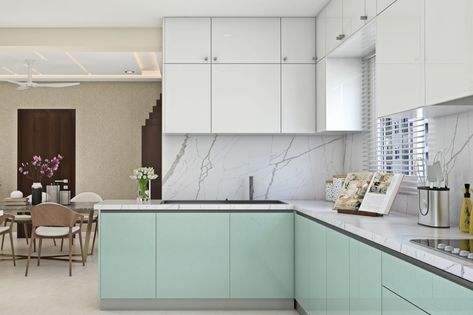 Mint Green And White Kitchen, Kitchen Cupboards Design, Acrylic Kitchen Cabinets, White Kitchen Interior Design, White Kitchen Interior, White Kitchen Cupboards, Kitchen Wardrobe Design, Kitchen Cost, White Countertop