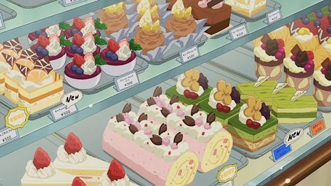 Anime Grocery Store, Food Desktop Wallpaper, Anime Desserts, Japanese Food Illustration, Anime Foods, Cute Bakery, Computer Wallpapers, Food Illustration Art, Cute Banners