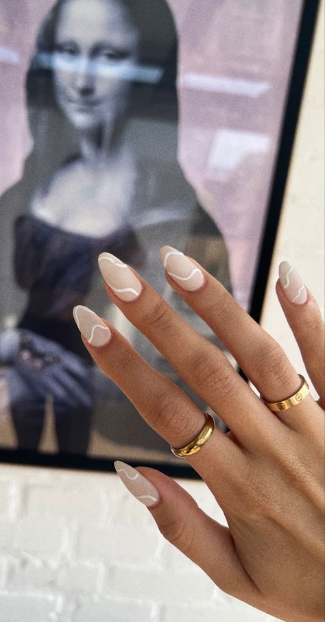 #white#nails#inspo Nails To Go With Tan Dress, Coconut White Nails, Nails With A White Dress, Neutral Colored Nails With Design, Tan Nails With White Lines, White And Tan Acrylic Nails, Simple Cream Nail Designs, Cream And White French Tip Nails, Neutral Nails White Design