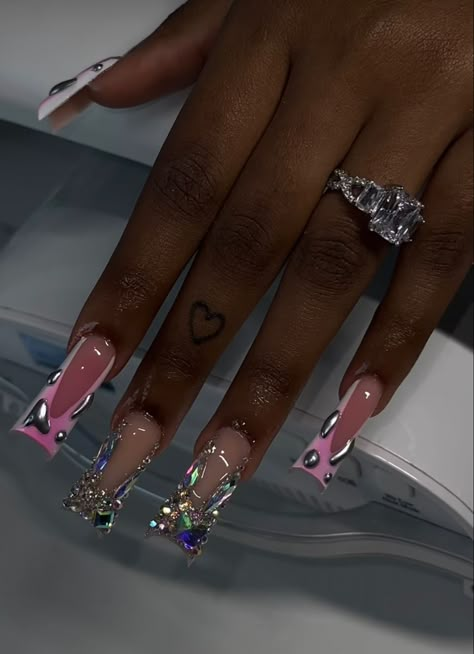 Duck Shape Nails French Tip, Long French Tip Nails With Charms, Medium Long Duck Nails, Long Duck Nails French Tip, Junky Long Nails, Tapered Duck Nails Long, Extra Long Duck Nails, Pink Duck Nails Acrylic, Lipstick Acrylic Nails