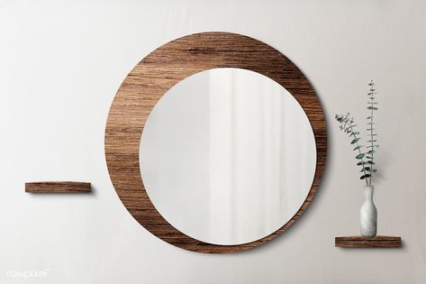 Circle mirror with a wooden backdrop mockup | premium image by rawpixel.com / PLOYPLOY Backdrop Mockup, Background Furniture, Wooden Backdrop, Pink Neon Lights, Mirror Decor Living Room, Mirror Shelf, Wooden Backdrops, Kitchen Colour, Dark Grey Walls