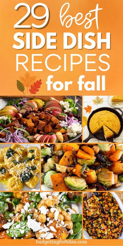 Warm up your table this fall with these easy fall side dishes. These 29 cozy fall side dish recipes are the perfect addition to any family dinner or holiday feast. You will love these simple sides with seasonal ingredients like squash, pumpkin, and brussels sprouts. Ideal for feeding a crowd, these hearty and comforting side dishes for fall are sure to impress your guests this year. Fall Dinner Sides Recipes, Fall Dinner Party Side Dishes, Halloween Veggie Side Dish, Elevated Side Dishes, Sides For Crowd, Fall Dishes For Potluck, Fall Inspired Side Dishes, Potluck Dishes Fall, Cold Dishes For Thanksgiving