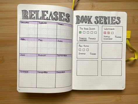 Book series and anticipated book releases by month trackers bullet journal. Write the book title of your most anticipated releases in the month box of the month the books are due to be released. Reading Journal Book Series Tracker, Series Tracker Book Journal, Reading Journal Book Review Page, Book Series Tracker Bullet Journal, Book Journal Series Tracker, Reading Journal Series Tracker, To Be Read Bullet Journal, Book Series Tracker, Bullet Journal Reading Log