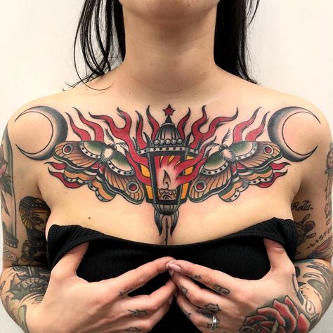 Traditional Lower Stomach Tattoo, Neo Trad Chest Piece, Neo Trad Stomach Tattoo, Women Tattoo Chest Piece, Chest Tattoo Neo Traditional, Neo Trad Chest Tattoo, Trad Collar Bone Tattoo, Traditional Style Back Tattoos, Neo Traditional Chest Tattoo Female