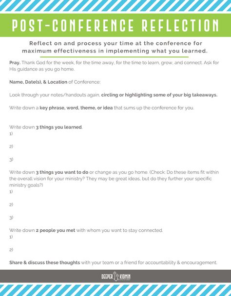 Post-Conference Reflection Worksheet – Process all of the information and ideas from your latest ministry conference using this reflection worksheet! Nursing Post Conference Ideas, Post Conference Nursing Ideas, Childrens Ministry Director, Nurse Purse, Reflection Worksheet, Conference Swag, Nursing Instructor, Conference Planning, Nurse Educator