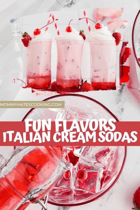 Make delicious Italian Cream Sodas in a variety of flavors, just 3 ingredients! These are perfect for a party or even an Italian Soda Bar! Red Bull Italian Soda Recipe, Italian Cream Soda Recipe, Italian Soda Bar, Snow Cones Recipes, Italian Cream Soda, Frozen Drink Recipes, Soda Bar, Soda Flavors, Homemade Soda