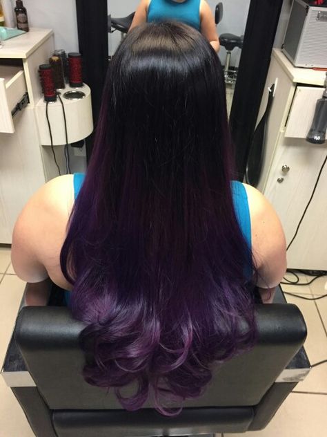 Hair Colour Only Ends, Black Fade Into Purple Hair, Purple And Black Ombre Hair, Purple Ombre On Black Hair, Dark Purple Ends Hair, Purple Bottom Hair, Dyed Ends Of Hair Brunettes Purple, Dark Purple Underdye Hair, Purple Hair Layers